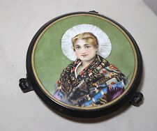 antique hand painted figural realism portrait porcelain footed trivet stand  picture