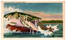  Vintage Exaggerated Fish The Fish Keep You Busy Here Fishing Postcard 3- P38  picture