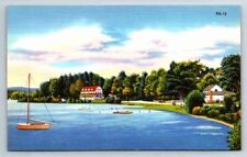 Somewhere USA Lake Sailboat Shoreline Beautiful Card PA? UNP Linen Postcard picture