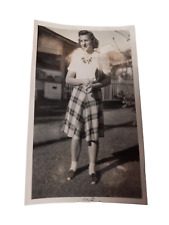 Vintage 1950's B&W Photo Woman Checkered Skirt w/ Purse Barn 2.75