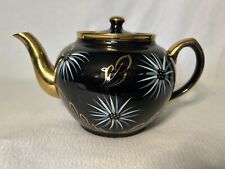 Vintage Brown Betty Style BLACK TEAPOT Gold-Trimmed w Hand-Painted Flowers #3248 picture