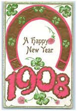 1908 New Year Large Numbers Shamrocks Horseshoe Embossed Antique Postcard picture