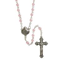 Girl's Pink Baptism Rosary Pearl Size 5mm Round Bead 17 in L 1.5 in Crucifix picture