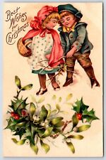 Postcard Children Holly Merry Christmas Wishes c1910s S31 picture