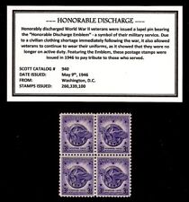 1946 - Honorable Discharge - Mint - MNH - Block of 4 vintage Postage Stamps picture