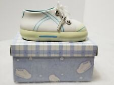 ADORABLE PORCELAIN BOY BABY SHOE BLUE AND WHITE WITH WHITE SHOE LACES 3.5