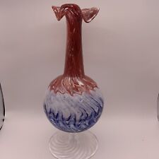 Vintage Hand Blown Ruffle Top Red White And Blue Glass Vase picture