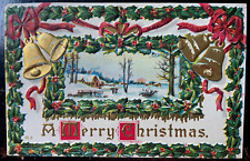 Vintage Victorian Postcard 1913 A Merry Christmas - Deeply Embossed Holly Border picture