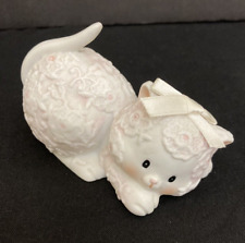 Vtg Enesco Playful Kitty Cat Figurine White Pink w/ Bow Floral Textured 1985 picture