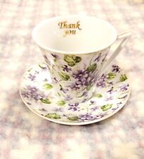 Demitasse Cup & Saucer w THANK YOU MESSAGE Hand-Painted Violets Victorian CHIC  picture