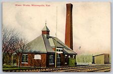 Minneapolis Kansas~ Train Tracks Past Waterworks~Smokestack~Flagpole c1910 PC picture
