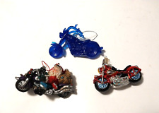 Three Motorcycle Ornaments All in Nice Shape Blue Red Santa Check Pictures picture