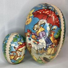 2 German Vintage Paper Mache Easter Egg Candy Container Rabbit Chicken Hedgehog picture