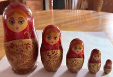 Vtg Signed Matryoshka Russian Nesting 5 Dolls Red Wooden Hand Painted Flowers 7