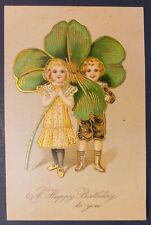 Embossed Fantasy Greeting Postcard ~ Children & Giant 4-Leaf Clover - circa 1908 picture