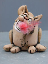 SIGNED CLAY ART POTTERY CAT WHIMSICAL WITH FEATHER IN MOUTH FIGURINE picture