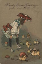 Easter Chicks 1907 Hearty Easter Greetings Girl with Chicks Postcard 1c stamp picture