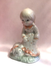 3 5/8” Glazed Ceramic Girl & Pig Figurine Country Farm Pigtails G.F.A.T.W. Decor picture