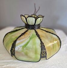 Vtg Stained Filigree Green Slag Glass Wall Retro Chandelier Hanging Lamp 8 panel picture