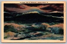 Stormy Surf Moonlight Night View Virginia Beach VA Ocean Waves Vintage Postcard picture