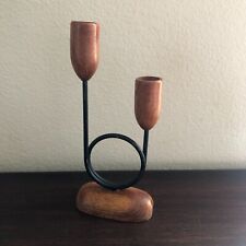 Vintage Mid Century Modern Wood and Medal Candle Holder picture