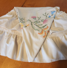 Vintage Handmade Cross-stitched Lg. Round Tablecloth W/ Ruffle Cream W/ Flowers picture