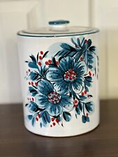 Vintage Italian Lidded Canister Blue & Red Floral Glazed Pottery Stamped Italy picture