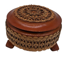 Russian Art Wood & Birch Bark Jewelry Trinket Box Hand Made Ring Lidded Dish picture