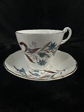 Royal Ascot Bone China Teacup And Saucer, Blue & Brown Floral Gold Trim picture