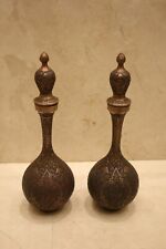 Antique luxury heavy copper pair vase Islamic handmade  qalam zani qajar picture