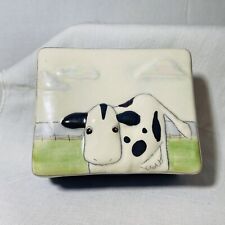 Hand Painted Vintage Small Signed Black White Cow Trinket Box Ceramic Farm picture