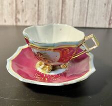 L R Austria Antique 1880’s Hand Painted Cranberry Waterwheel 3-Footed Cup Saucer picture