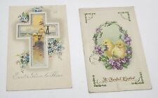 2 Antique Easter Greetings Postcards Cards Ephemera Embossed Chicks Cross Violet picture