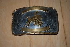 Vintage German Silver Rodeo Bull Rider Cowboy Two Tone Belt Buckle Rectangle picture