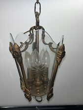 Vtg Ornate Hanging Ceiling Light Brass 5 Panel Starburst Etched Glass picture