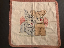 Vintage Embroidered Print Pillow Top Puppy Kitten Bows picture