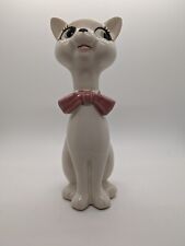 Vintage MCM White Ceramic Long Neck Cat Figurine Long Eyelashes with Pink Bow 8