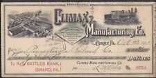 CORRY, PA ~ CLIMAX MFG. Co., LOCOMOTIVES & ENGINES ~ ILLUSTRATED BANK CHECK 1901 picture