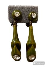 Art Deco Olive Bakelite Dangle Earrings with Faux Diamonds Clip picture