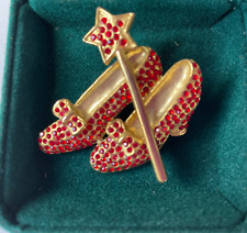 Vintage Lapel Pin Ruby Red Slippers Rhinestone Wand TEC Wizard of Oz Gold Tone picture