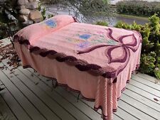 90” peach / burgundy rust Vint cotton chenille bedspread very plush fresh NU picture