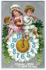 c1910's New Year Kids On Top Of Flower Clock Shamrock Embossed Antique Postcard picture
