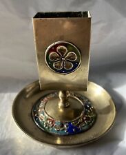 Vintage Brass And Enamel Ashtray and Matchbox Holder Unusual Boho Flowers picture