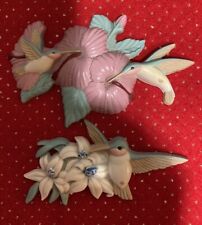 Pair of Hummingbirds Flowers Plastic Wall Art Plaques Burwood Products Vtg picture