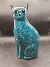 Teal Blue Spongeware Porcelain 8-1/2” Tall Vintage Folk Art Cat By UCGC Taiwan.  picture