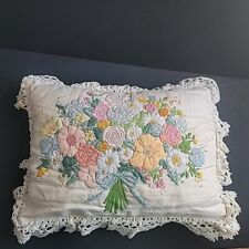 Embroidered Decorative Pillow 1970s Vtg Cottagecore Floral Lace Pastel Fancywork picture