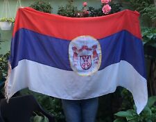 Serbian flag of silk with coat of arms Serbia silk Serbian silk flag picture