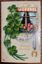 Vintage Victorian Postcard 1912 Birthday Greetings - Shamrocks in Window picture