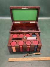 Antique Poker Chip Set Clay Composition Chips Wooden Caddy & Wood Box w/ Key picture