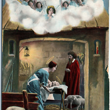 c1910s Christmas Greetings Gel Baby Jesus Manger Postcard Merry Xmas Angels A66 picture